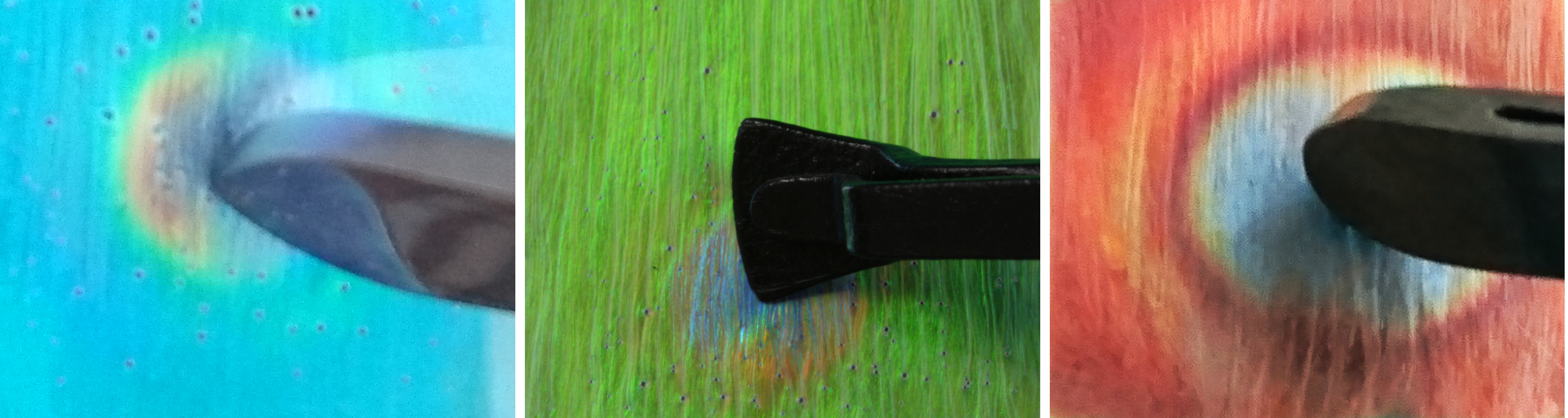 Blau, grün beziehungsweise rot gefärbte piezochrome Materialien, die durch Druck mit einer Pinzette die Farbe wechseln.